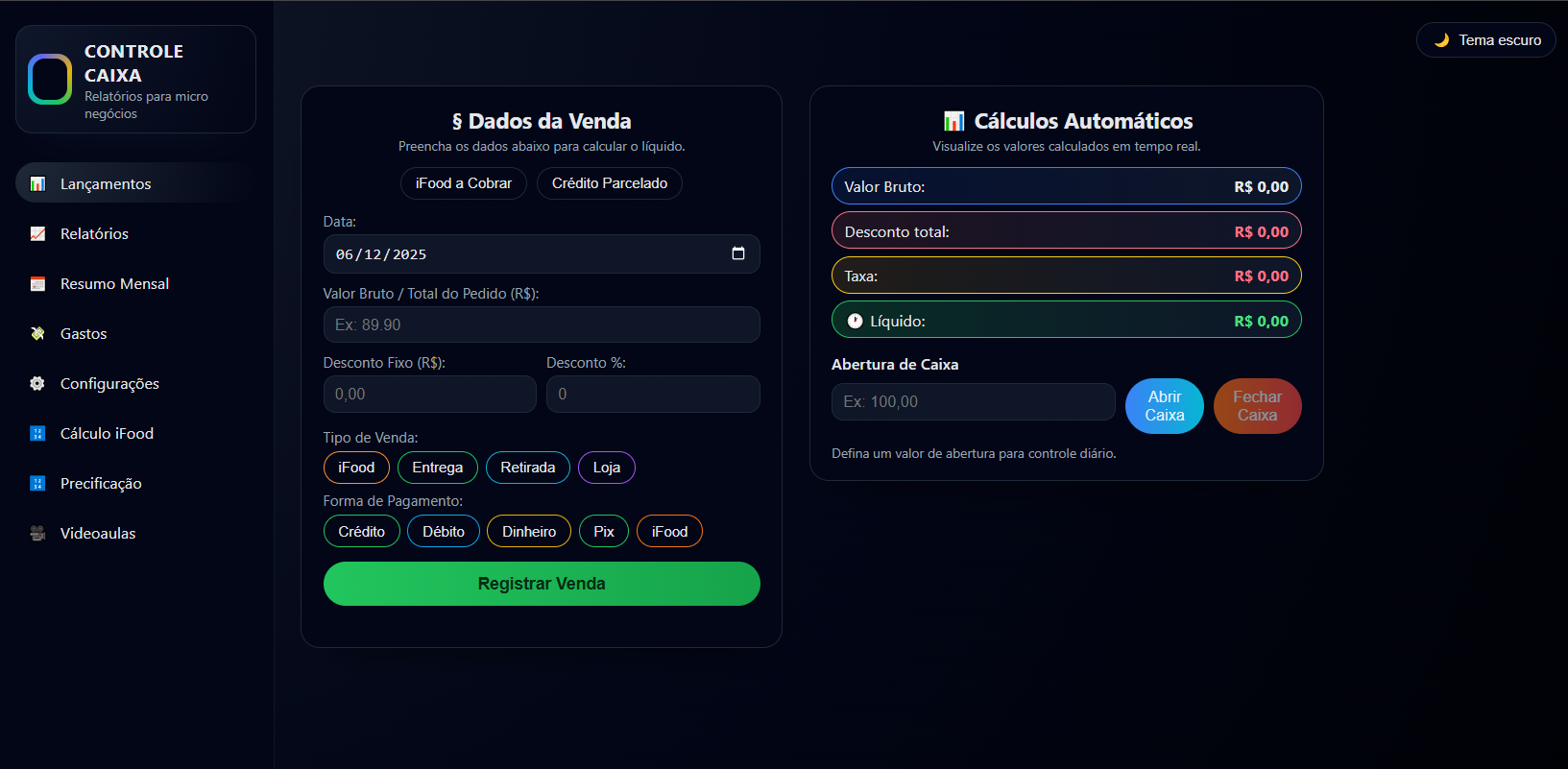 Tela principal do Controle Caixa no computador